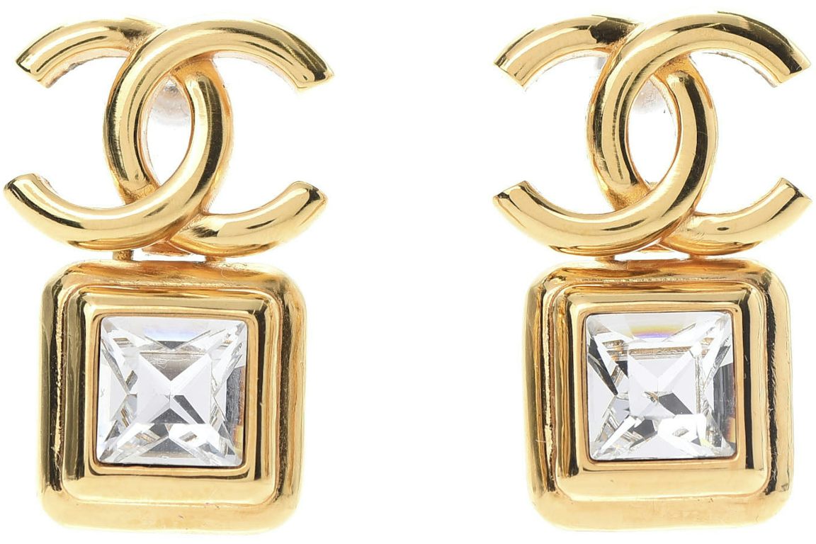 Chanel Crystal CC Drop Earrings Large Gold